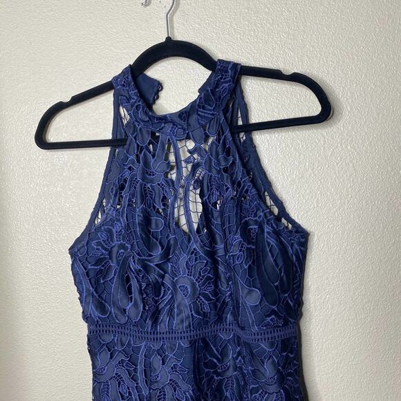 Bardot Floral Lace Halter Navy Blue Pencil Sheath Dress Cocktail Formal Size 4 - Picture 3 of 12